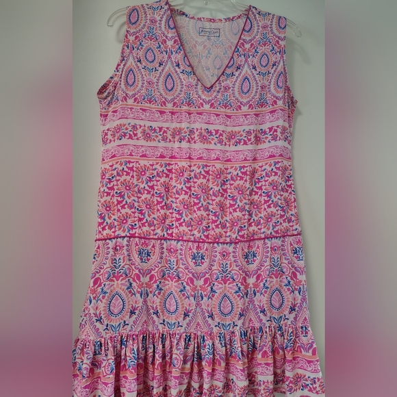 AMELIA QUIN RESORT LUXURY WEAR V-NECK PINK MIXED PRINTED FLORAL DRESS sz Medium - Picture 1 of 6